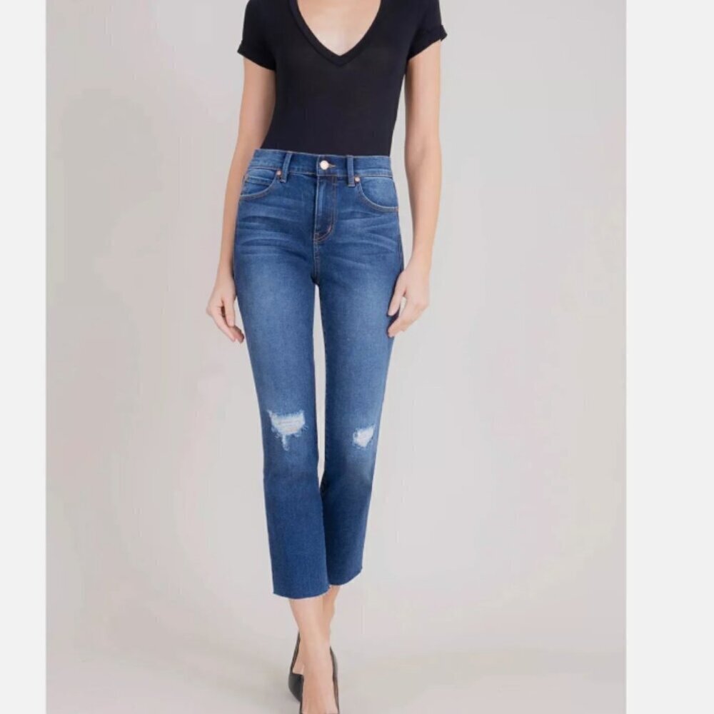 Level 99 Women's High Rise Crop Raw Frayed Hem Blue Distressed Jeans (Size 27)